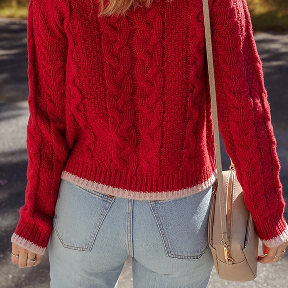 Hazel blues Elegant Red Cable Knit Cardigan - Picture 2 of 9